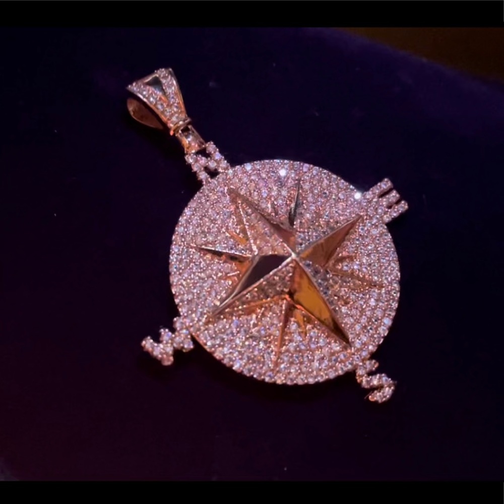 Rose Gold Compass Charm / Pendant w / CZ